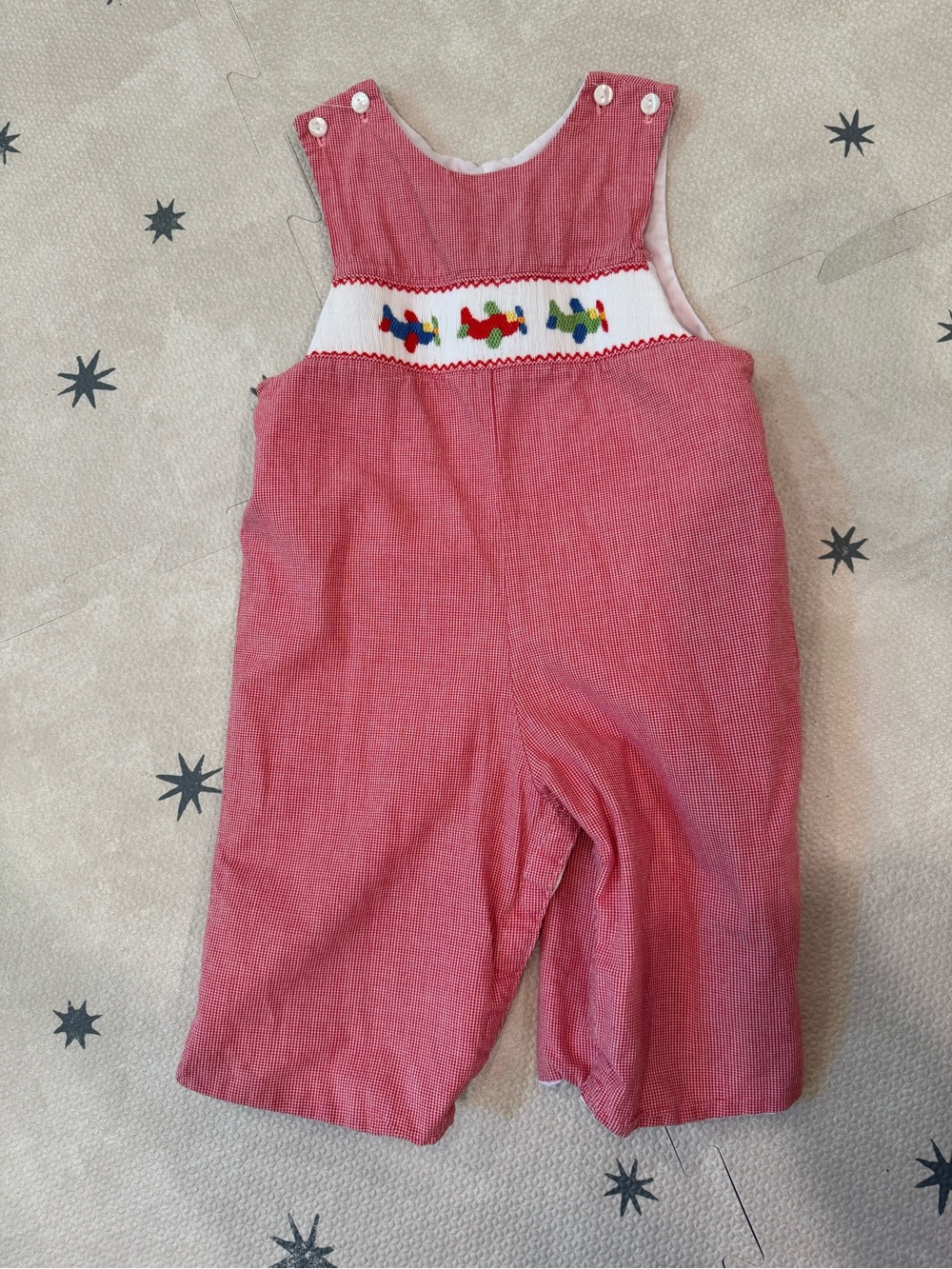 Petit Bebe Smocked Airplanes Red Gingham Longall Jon Jon 12 Month